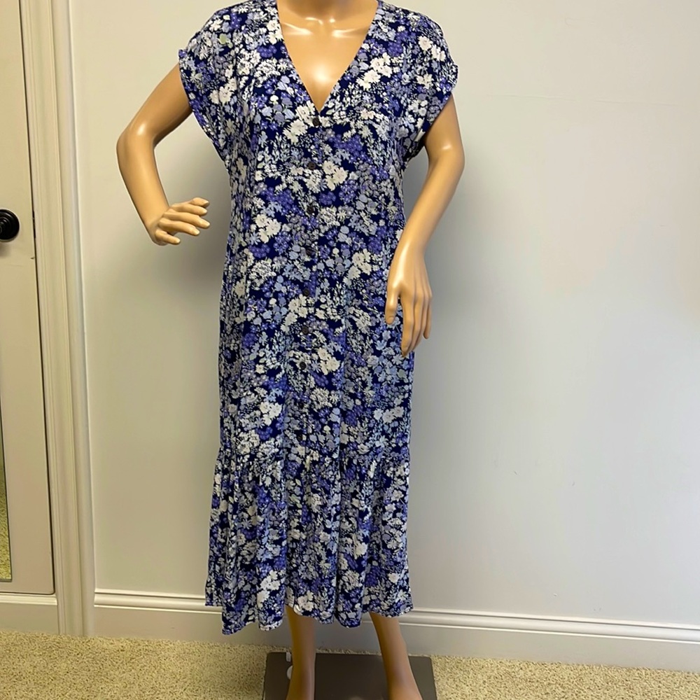 New Madewell Navy Purple White Floral V-neck Midi Dress with POCKETS size XS